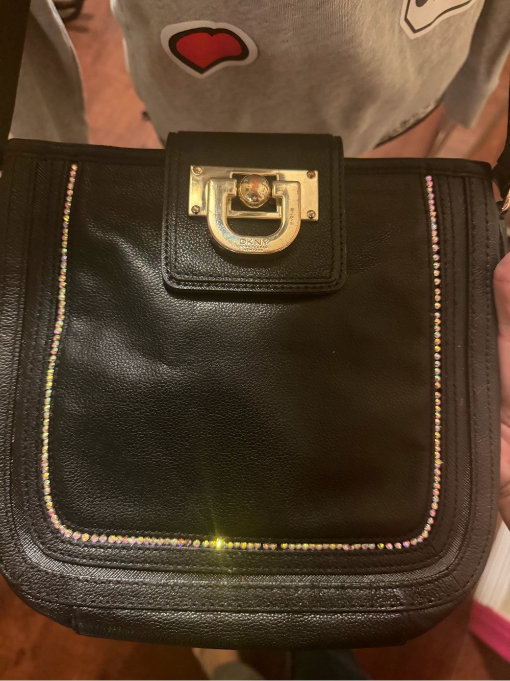 Authentic DKNY Black Leather Crossbody w/ Crystal Accent & Gold Tone Hardware